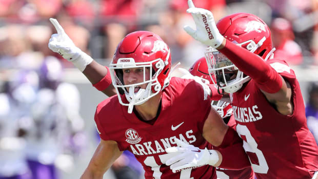 Razorbacks safety Hudson Clark after interception during game with Western Carolina in Little Rock